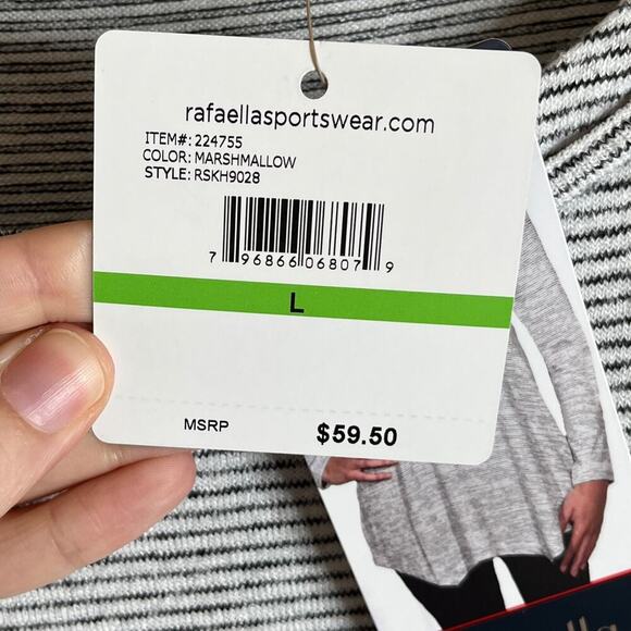 Rafaella Women's Tunic Sweater Sz L Striped Gray & White Asymmetric Grommet Neck - Picture 8 of 9